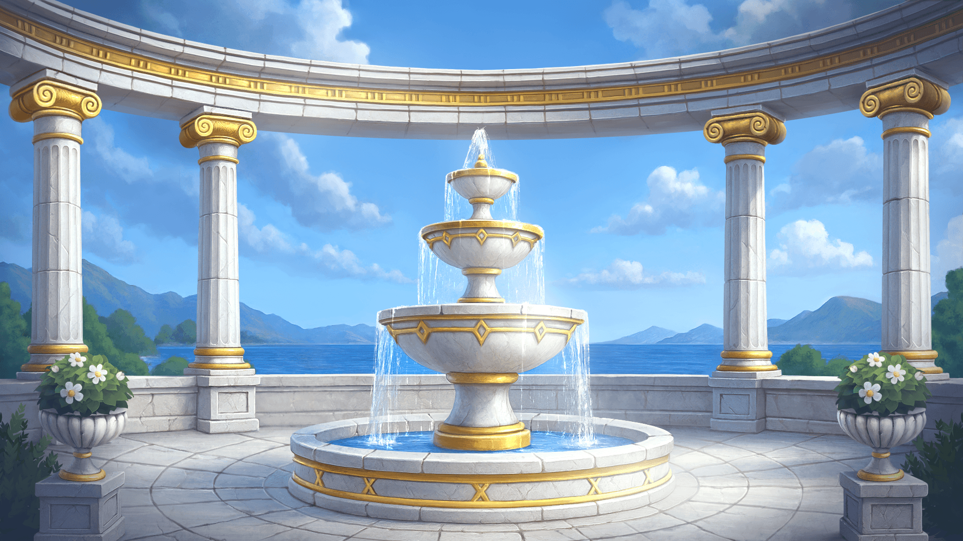 The marble fountain courtyard of Aegean Gold